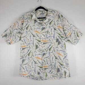 Columbia Fish Button Down Shirt Men Large Short Sleeve White Cotton AOP Nautical